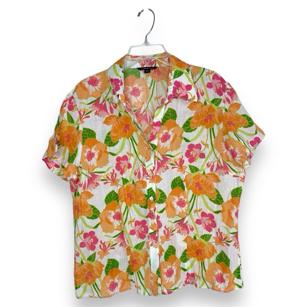 Lands End Top Women's 16 Floral Linen Shirtโ Button-Up